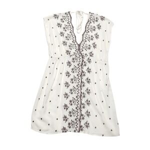 Y2K bohemian White and brown floral embroidered‎ blouse size large